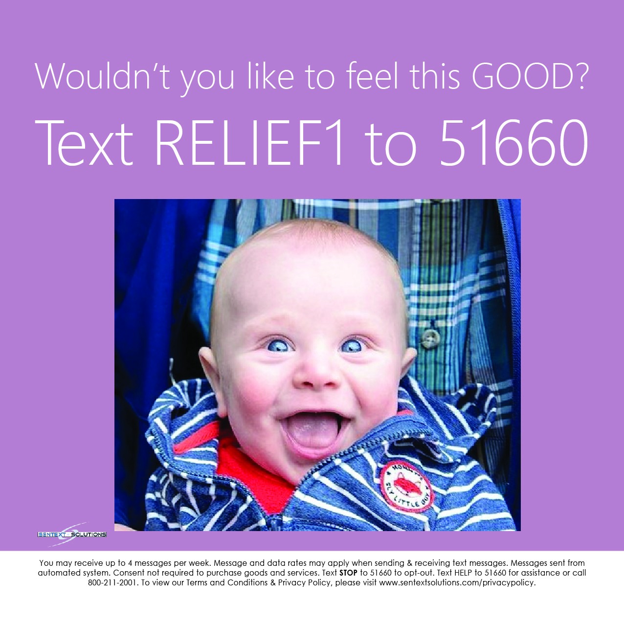 Text RELIEF1 to 51660 Baby Smiling Image